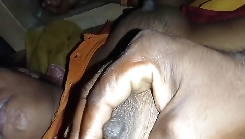 Amateur redhead in a red dress enjoys alone with herself