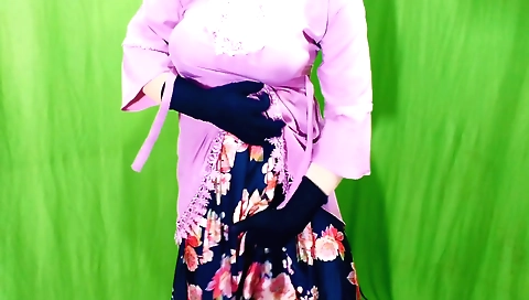 Solo naked girl in a dress and stockings takes a shower