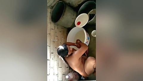 Chubby desi chick in the shower in the bath in the evening