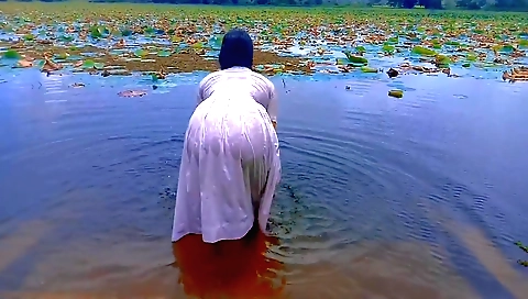 Outdoor amateur solo action with a natural brunette