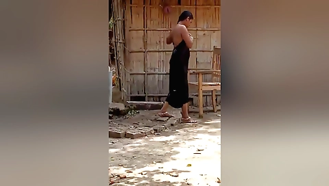 Brunette indian bhabhi in outdoor bathers solo video