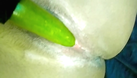 Solo female sucks my cucumber dildo and fucking it