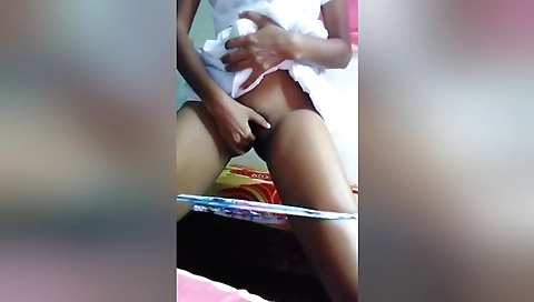 Gorgeous brunette slut dancing with herself on a table