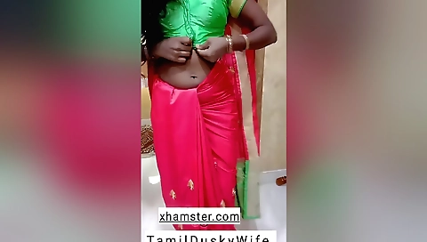Indian housewife dressed in red saree in the bedroom