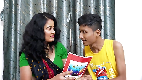 Brunette milf seduces her stepson and gets his dick hard and deep